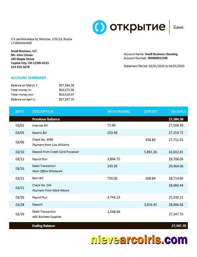 Otkritie FC Bank enterprise account statement